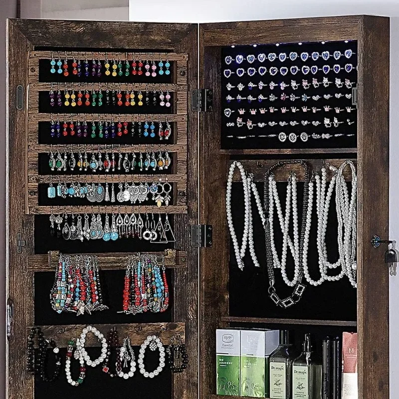 Full Length Mirror Jewelry Cabinet, 6 LEDs Jewelry Armoire Wall Mounted Over The Door Hanging,  with Lights Lockable