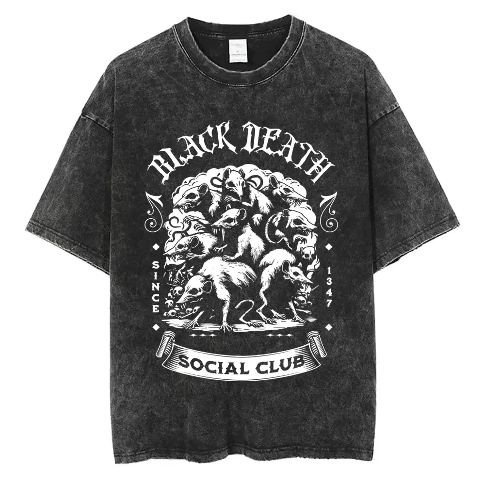 

Washed Vintage Rock Band Black Death Social Club T-shirt Gothic Rat Graphic Print T Shirt Men Hip Hop Fashion Oversized T-shirts