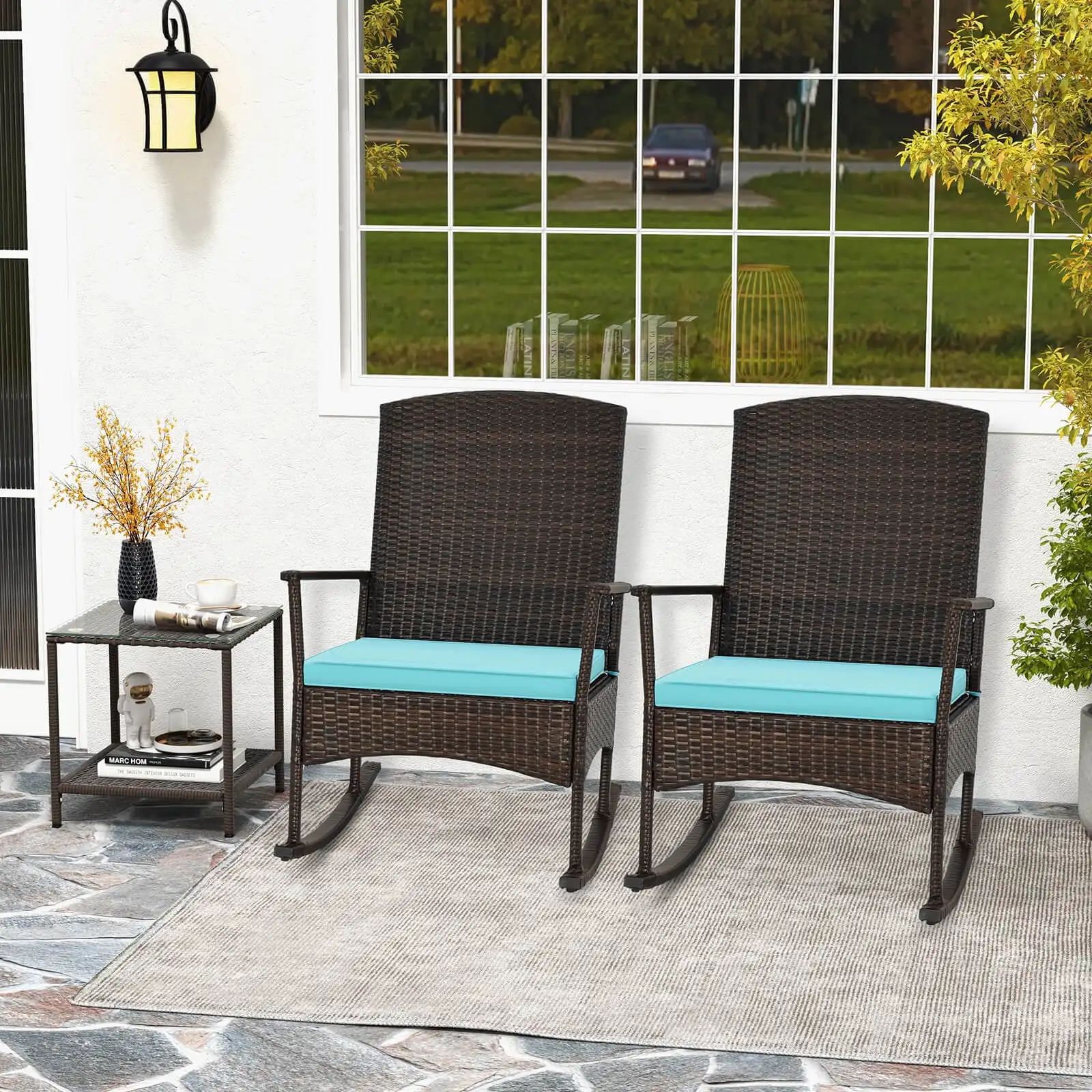 3 Piece Patio Rocking Set Wicker Rocking Chairs with 2-Tier Coffee Table Turquoise