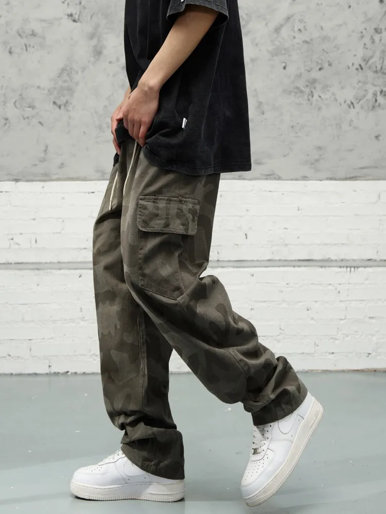 Hip Hop Mens Camouflage Cargp Pants Drawstring Loose Fit Street Vintage Multiple Pockets Straight Pants Male Casual Trousers