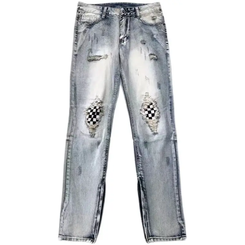 High Quality Trendy Brand Retro Checkerboard Pants High Street Washed Ripped Jeans Men's Slim Small Feet Thin Patch Beggar Pants