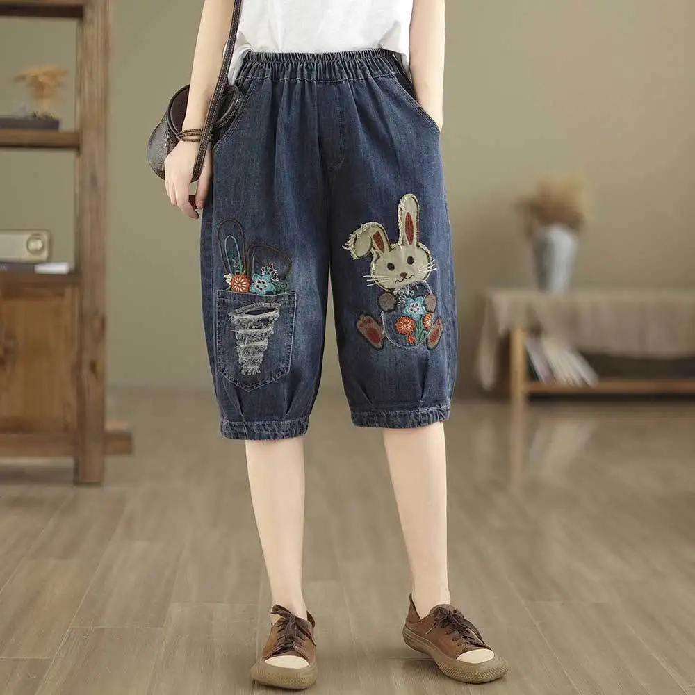 Summer Thin Cartoon Embroidered Loose Casual High Waist Harem Shorts Women's Five-Quarter Length Jeans Style Loose Fit Shorts