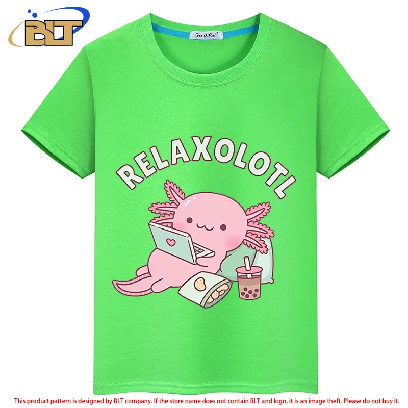 Cute Relax A Lot Axolotl Funny Pun Kids T-Shirt summer children's short-sleeved casual tops for boys and girls