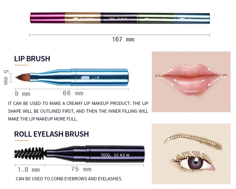 Portable Four Heads Multi-Function Makeup Brush  Eyebrow brush& Eye shadow brush& Eyelash brush&  Lip brush