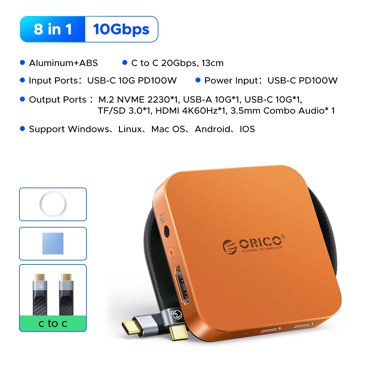 ORICO Magnetische M.2 2230 NVMe SSD-behuizing 10 Gbps USB C-dockingstation met 4K60 Hz HDMI-COM SD/TF PD 100 W oplader voor iPhone 17