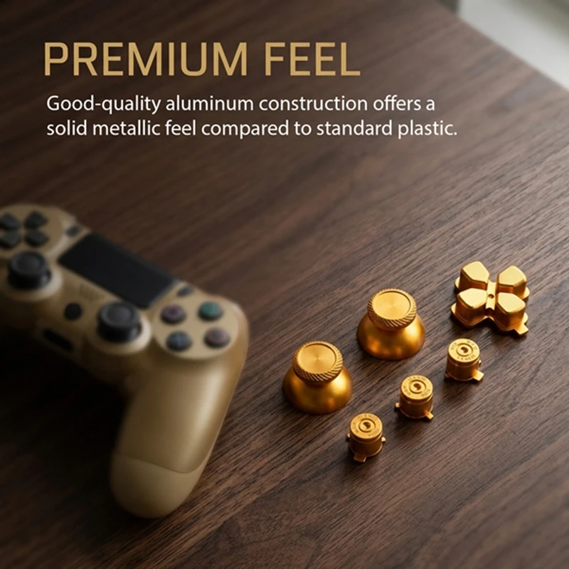 DTB7 7 in 1 Metal Button Set for PS5 Controller, ABXY D-Pad Buttons & Joystick Caps, Replacement for Playstation 5, Gold