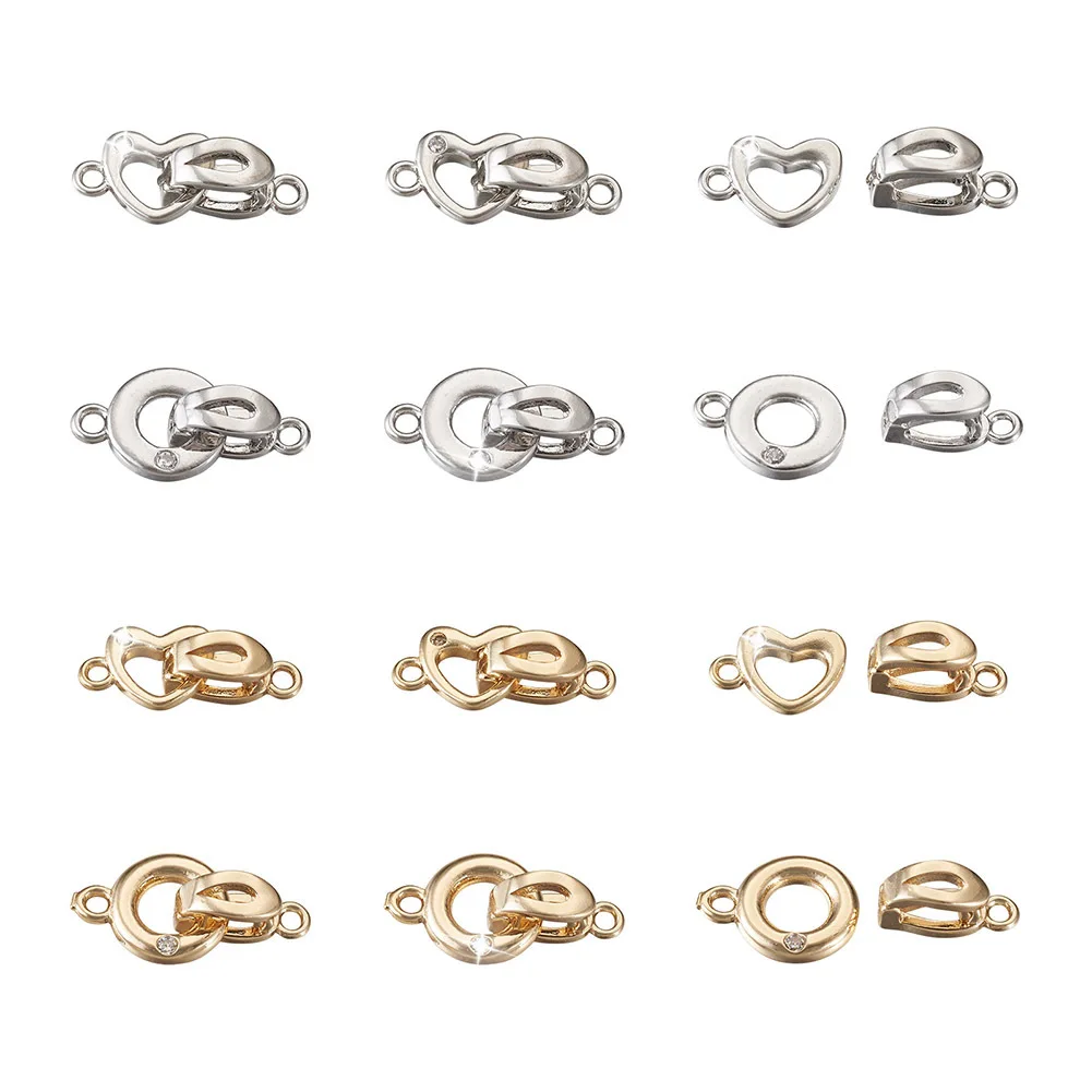 8 Sets 4 Styles Heart Shape Brass Cubic Zirconia End Tip Fold Over Clasps Bead Connectors for Women Men Bracelet Jewelry Making