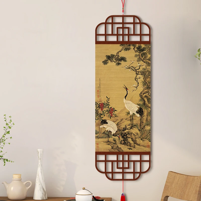 Japanese Zen Wall Art, Pine Crane Scroll Painting, Bamboo Blind Hanging Decor for Living Room Tea Room Entryway Home Wall Decor