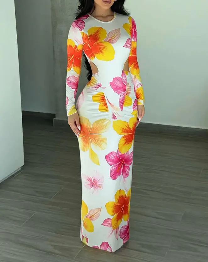 

Women's Dress Spring Summer New Elegant Temperament Style Flower Print Round Neck Waist Hollow Pleated Design Hip Hugging Dress