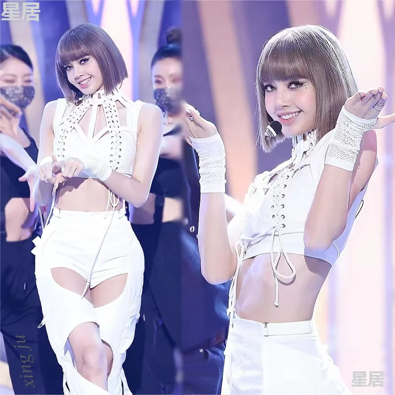 Kpop Korean Women Singer Hip Hop Jazz Dance Outfits Sexy Hollow Out Halter Vest Crop Tops Loose Straight Jeans Y2K Stage Costume