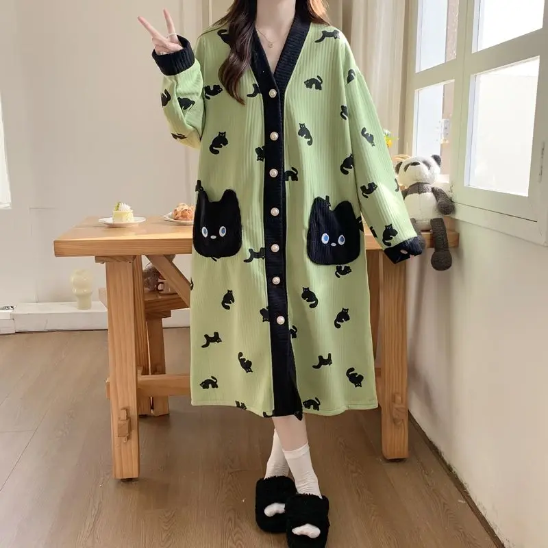 

cotton Women's pajamas nightdress autumn winter Comfortable Sleepwear long sleeves cute kitten Pajama keep warm cartoon homewear
