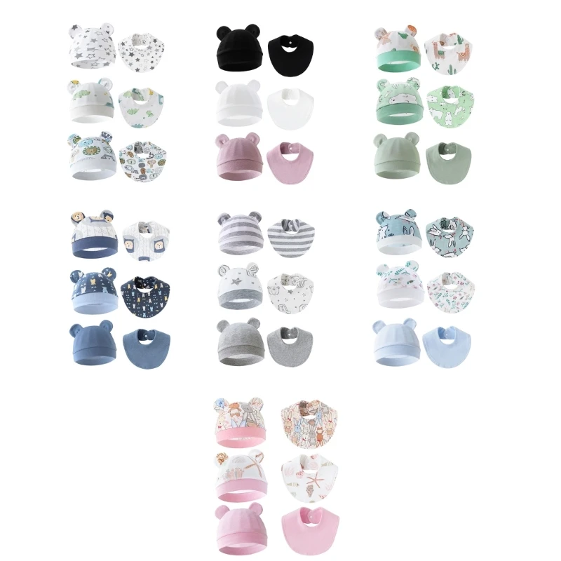 3 Set Breathable Baby Fetal Caps Newborns Hat with Feeding Towel Nursing Bib 40JC