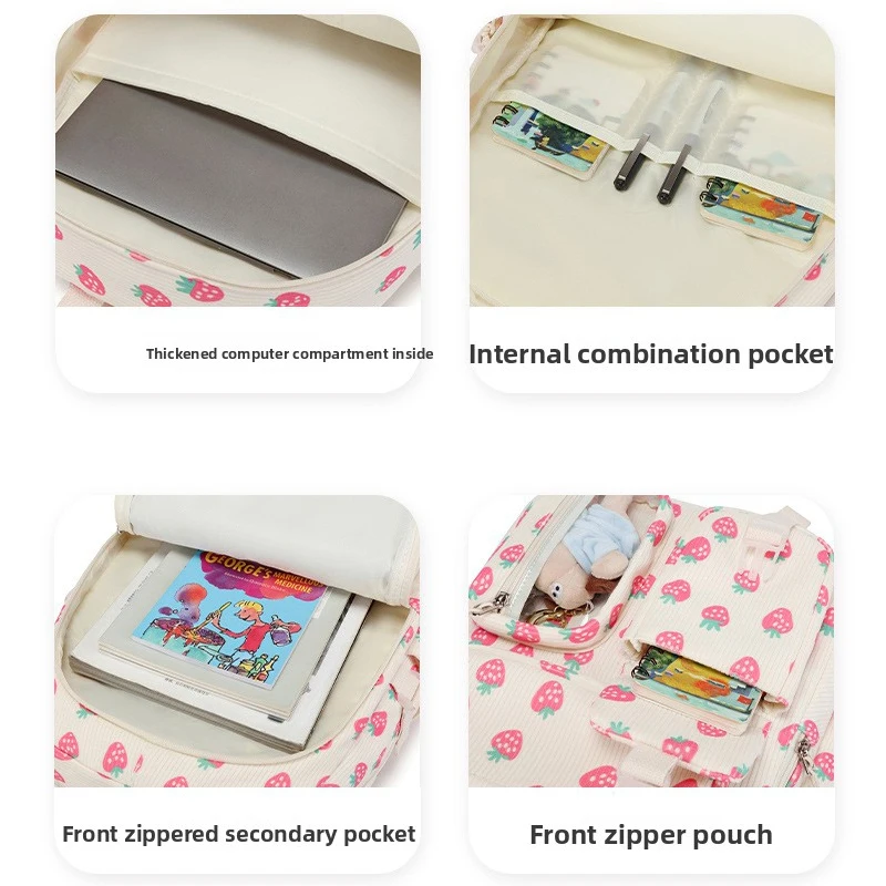 Conjunto de 3 peças: Mochila escolar de veludo com lancheira e estojo, mochila escolar fofa para meninas, mochila com estampa de morango para adolescentes e mulheres.