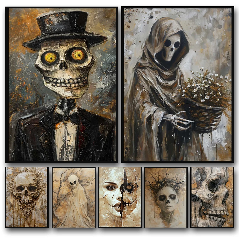 1pc frameless canvas painting Fantasy Horror Skeleton Poster Abstract Witchy Creepy Festival Canvas Painting Wall Art Hallowe