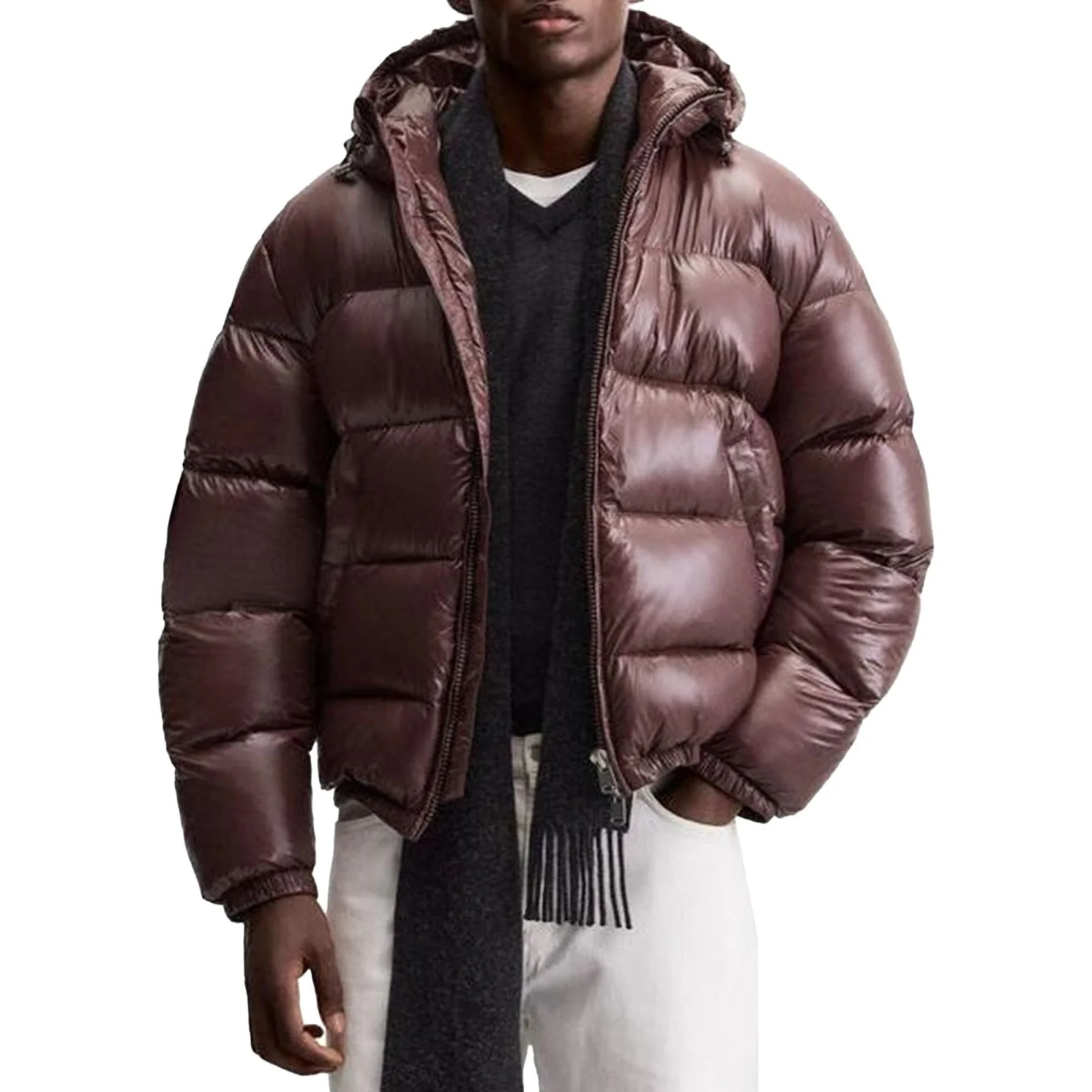 Men'S Casual Warm Outerwear Solid Color Hooded Jacket Zipper Hood Thickened Down Coats Fashionable Hiking Camping Outerwear