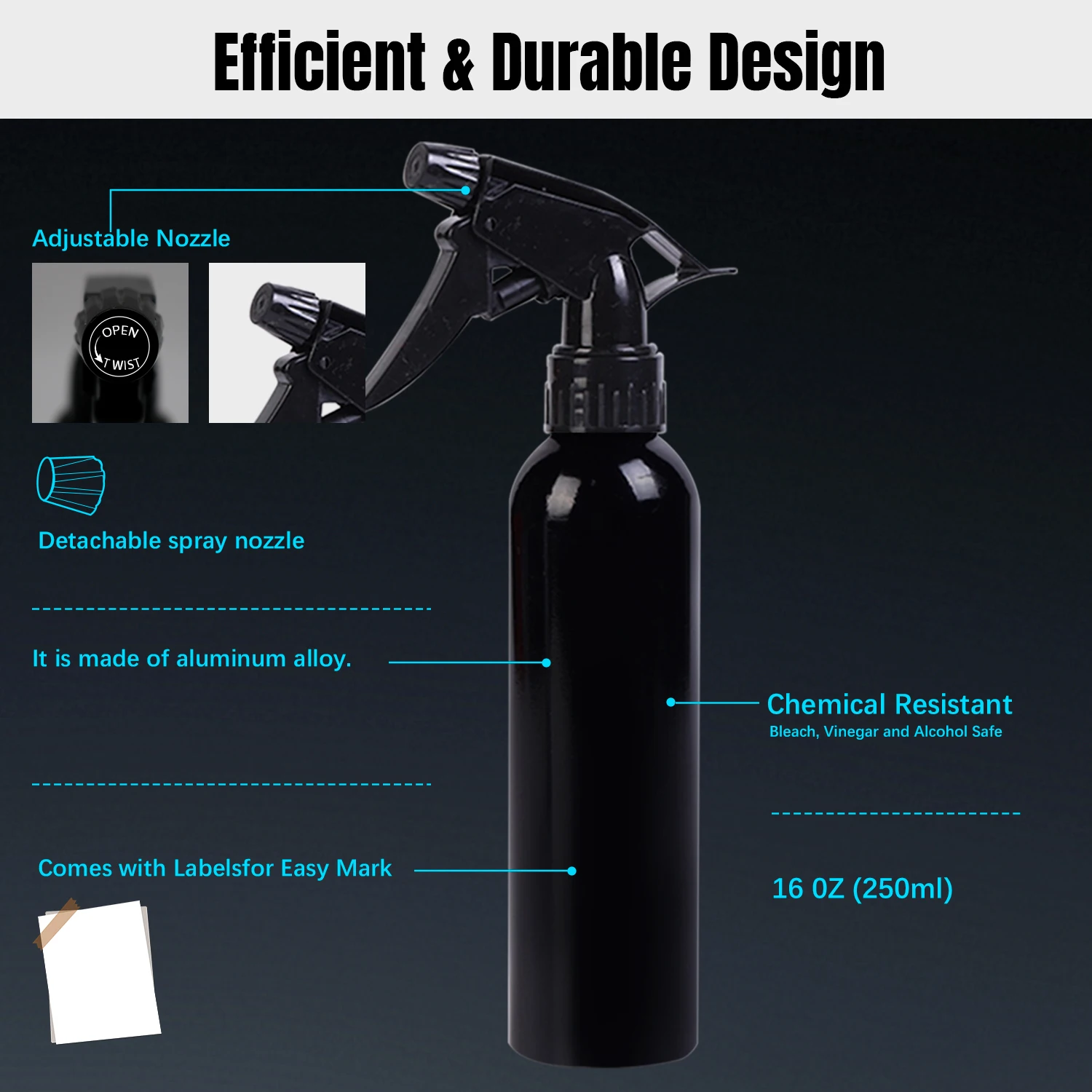 Black Metal Trigger Spray Bottle 16OZ Continuous Fine Mist Detachable Nozzle Anti-Corrosion Tattoo Disinfect Hair Mist Sprayer