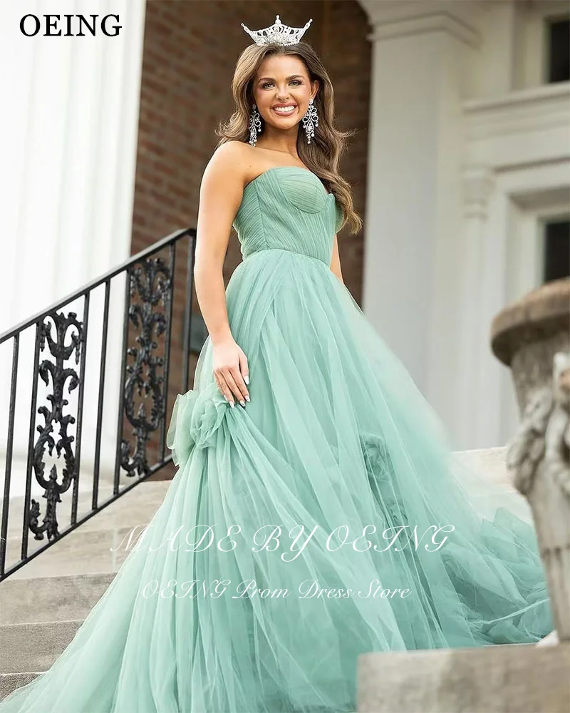 OEING Green A-Line Sleeveless Prom Dresses Strapless Party Gowns Floor-Length Soft Tulle Vestidos de noche 2024 Customized