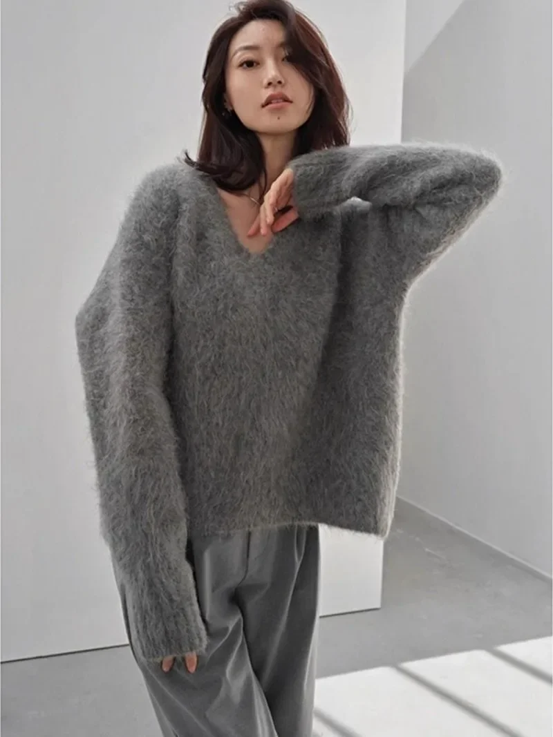 Fashionable Gray Mink Fur Sweater 2024 Women's Autumn and Winter Thick Lazy Style V-neck Knitted Sweater Top Female Clothing