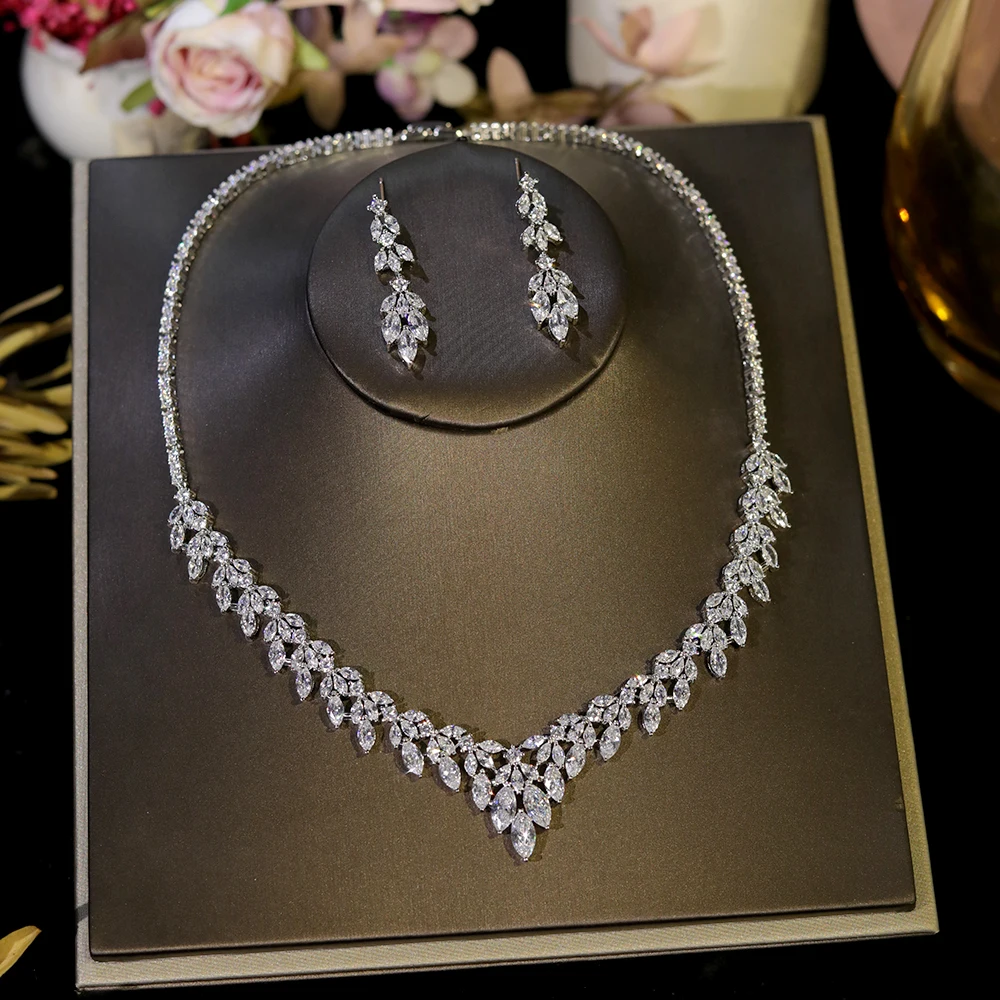 ASNORA New CZ White Cubic Zircon Dangle Water Drop Wedding Bouquet Brides 2-piece Sets Luxury Necklace Jwelleries for Woman