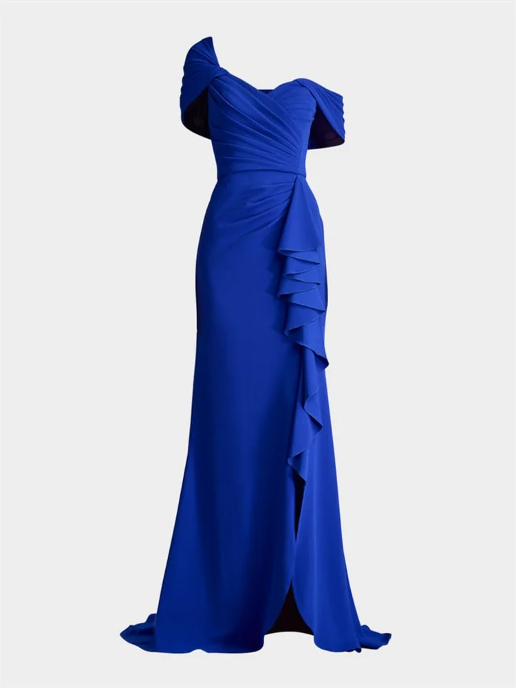 

Hot Selling Off Shoulder Neckline Short Sleeves Straight Evening Dress Elegant Back Zipper Floor Length Side Slit Gown For Women