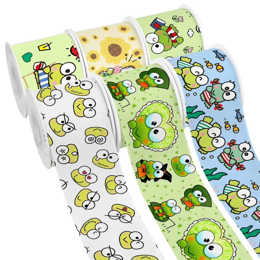 50 Yards Sanrio Big Frog Cartoon Keroppi BadBadtz-maru Printed Grosgrain Satin Ribbon for Gift Wrapping Hair Bow Craft Accessory