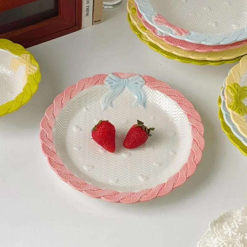 Girl's heart bow lace ceramic plate rice bowl cake snack plate girl's heart plate high value
