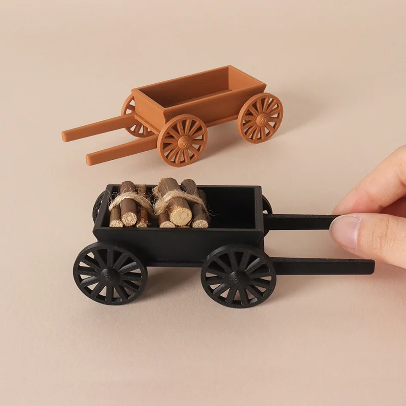 1:12 Scale Miniature Cart, Vintage Farm Wagon for Dollhouse, Diorama Garden Decor, Rustic Model Accessory