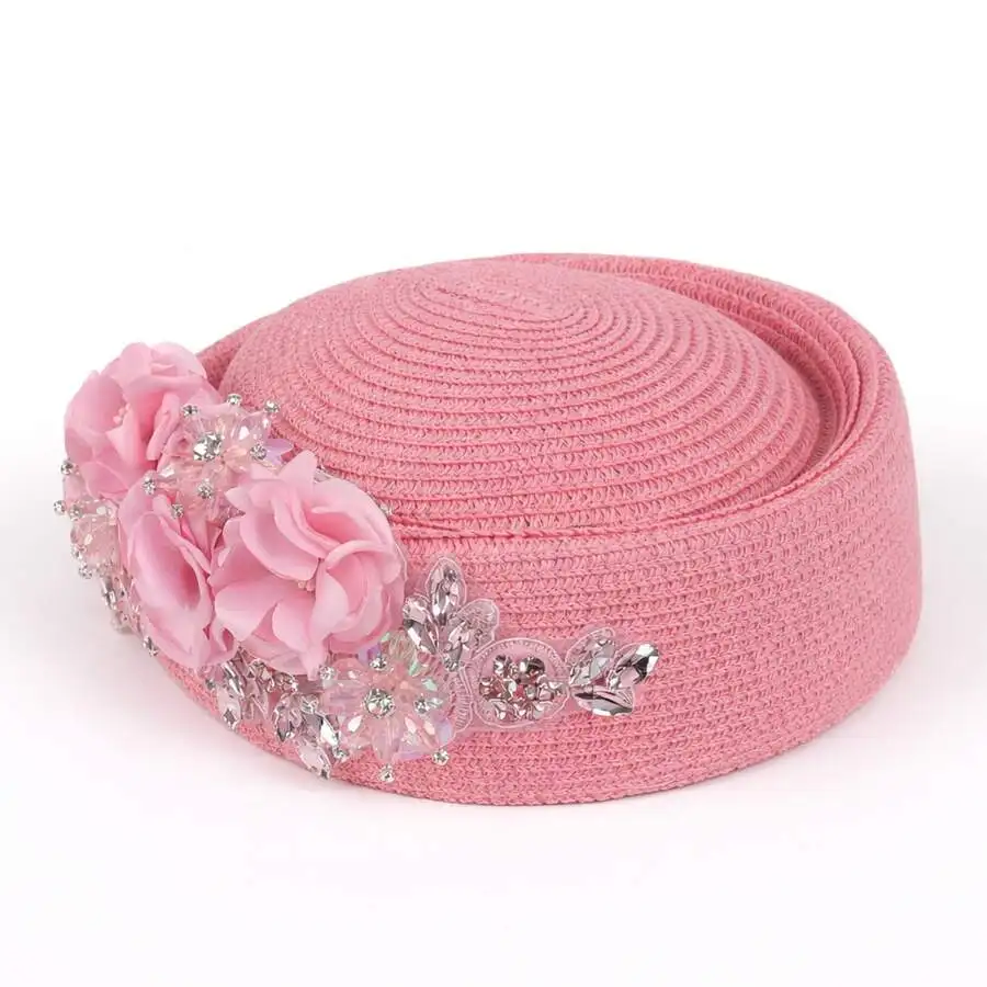 

Women Vintage Straw Pillbox Hat With Floral Rhinestone Decoration For Wedding Tea Party Church