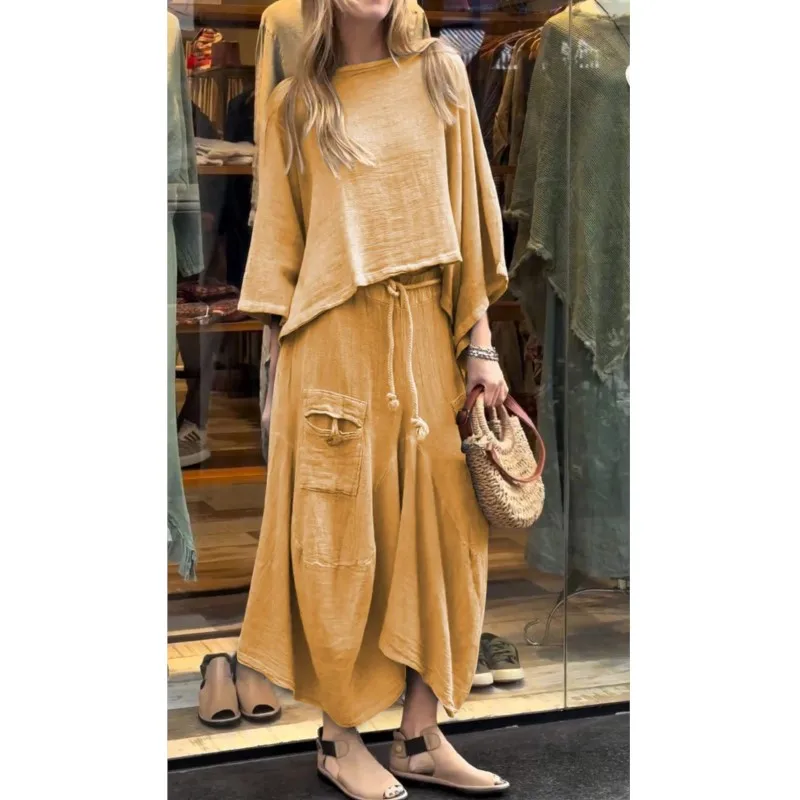 Spring And Autumn Women\'s Casual Solid Color Loose Skirt Two Piece Set Round Neck Seven Sleeve Top Strap Pocket Long Skirt Set