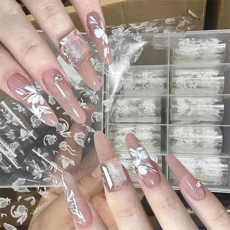 

Floral & Butterfly Nail Art Foil Stickers 10 Rolls Semi-Transparent White Decals Transfer Salon Quality Nail Glitter Stickers *&
