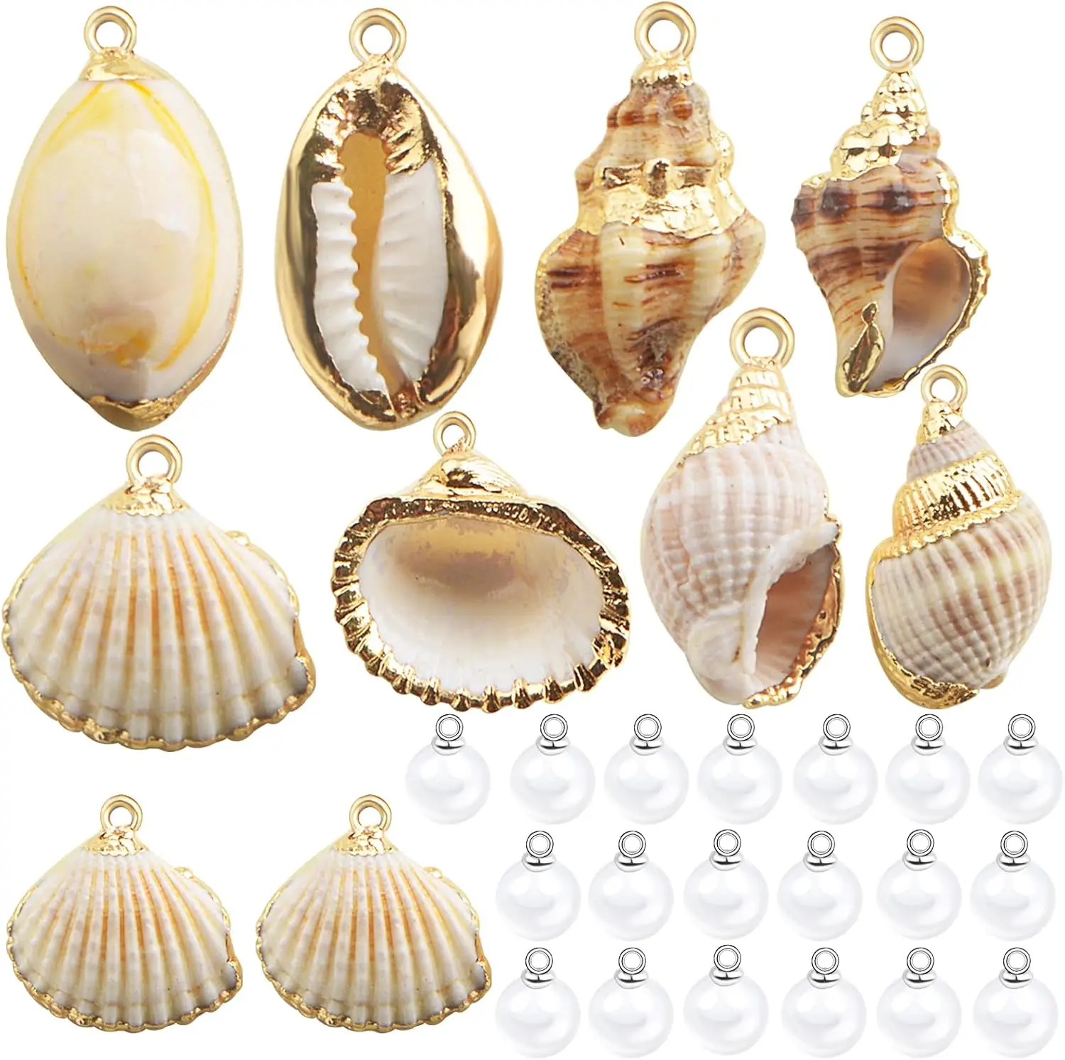 

10pcs Natural Beach Shell Conch Seashell Charms Pendants and 30pcs 8 mm White Pearls Handmade Beads Set for DIY Jewelry Making