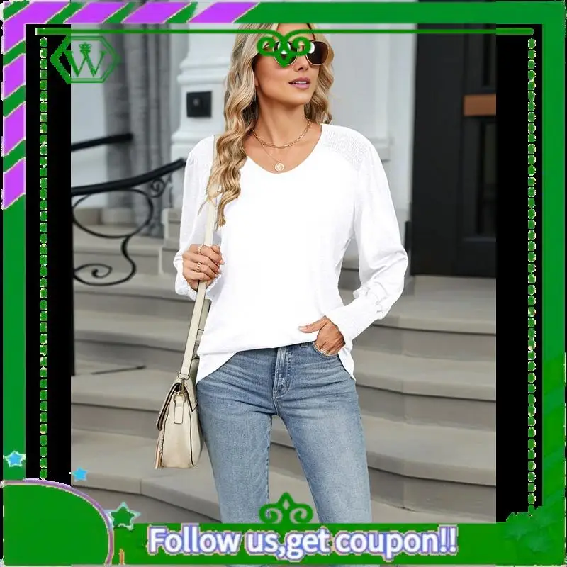 

A18P-Women's Casual Loose Long Sleeve Shirts Shirred V-Neck Tops Trendy Blouses