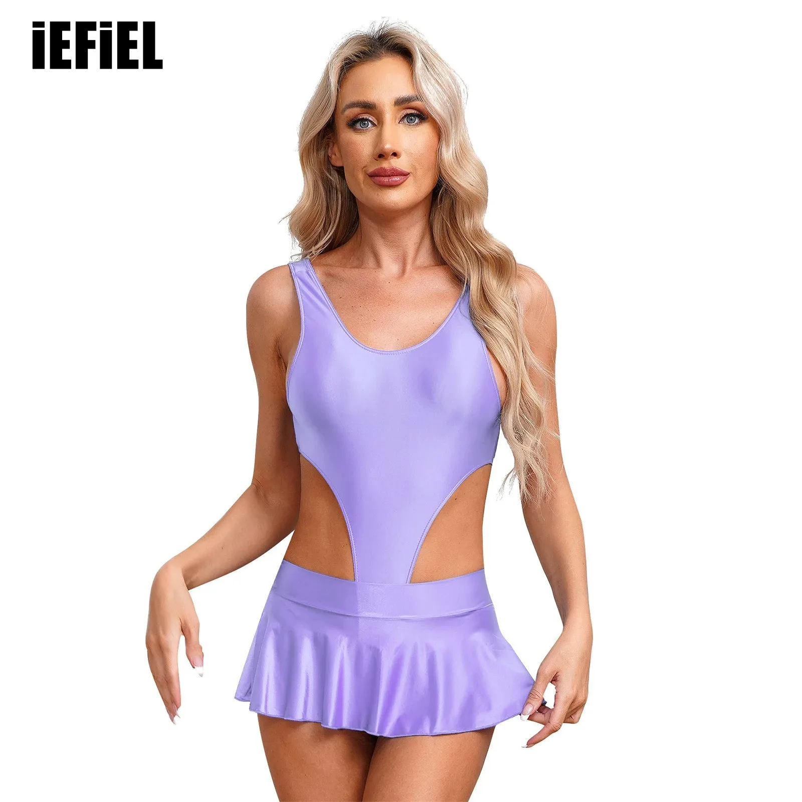 Womens Pool Party Swimwear Two-Piece Swimsuit Beachwear Glossy Backless High Cut Bodysuit with Ruffled Skirt Miniskirt