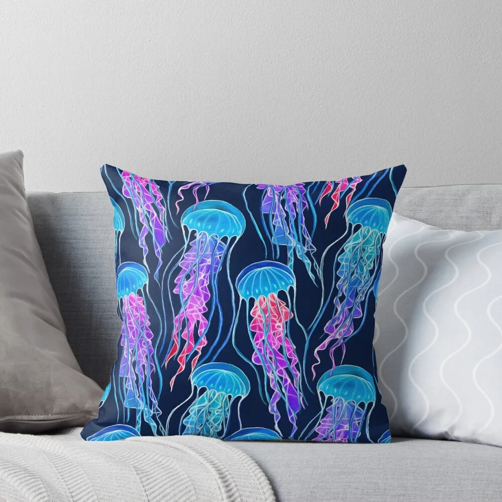 Luminescent Rainbow Jellyfish on Navy Blue Throw Pillow christmas decorations 2025 Embroidered Cushion Cover pillow