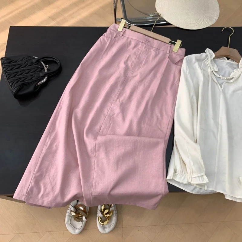 

Retro High Waist Midi Skirt for Women Pure Color Versatile Slit Design Slimming Aesthetic Spring New Arrival C#23