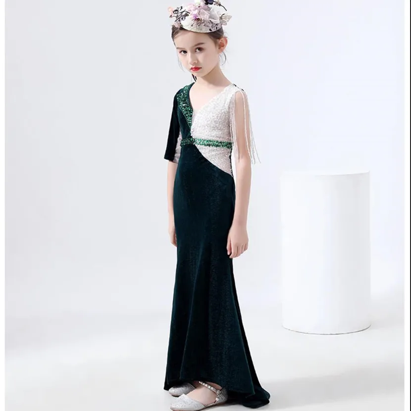 High End Sequines Stitching Mermaid Evening Gown Children\'s Catwalk Birthday Baptism Eid Party Girl Elegant Dress A2312