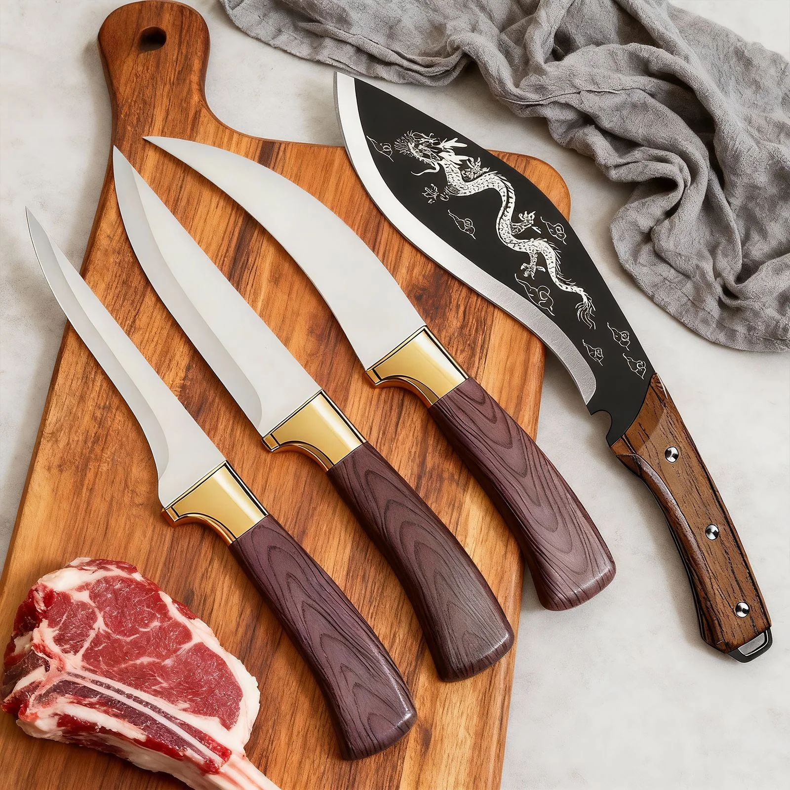 

4-piece Set of Forged Boning Knife and Cutting Knife To Cut Meat Without Sticking Together Equipped with Knife Sleeves