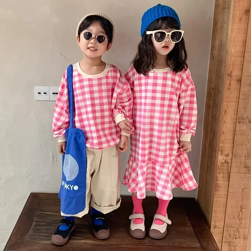 

Brother Sister Matching Clothes Korean Baby Girl Long Sleeve Dress Fashion Boys Plaid Sweatshirts Kids Clothes Children Clothing