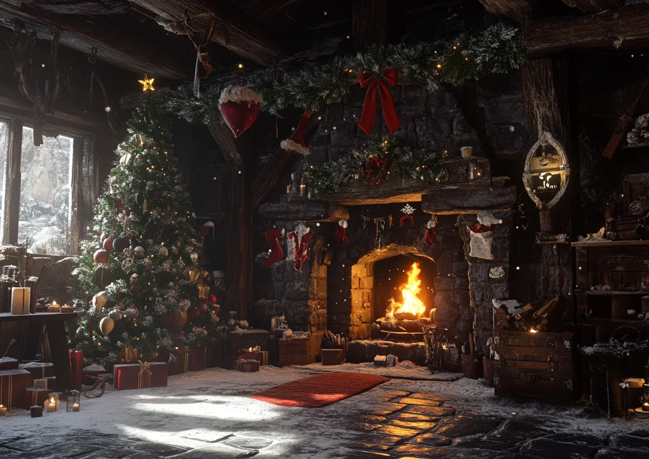 Christmas Backdrop for Photography Rustic Wood House Xmas Tree Gifts Santa Claus Warehouse Kids Portrait Background Photo Studio