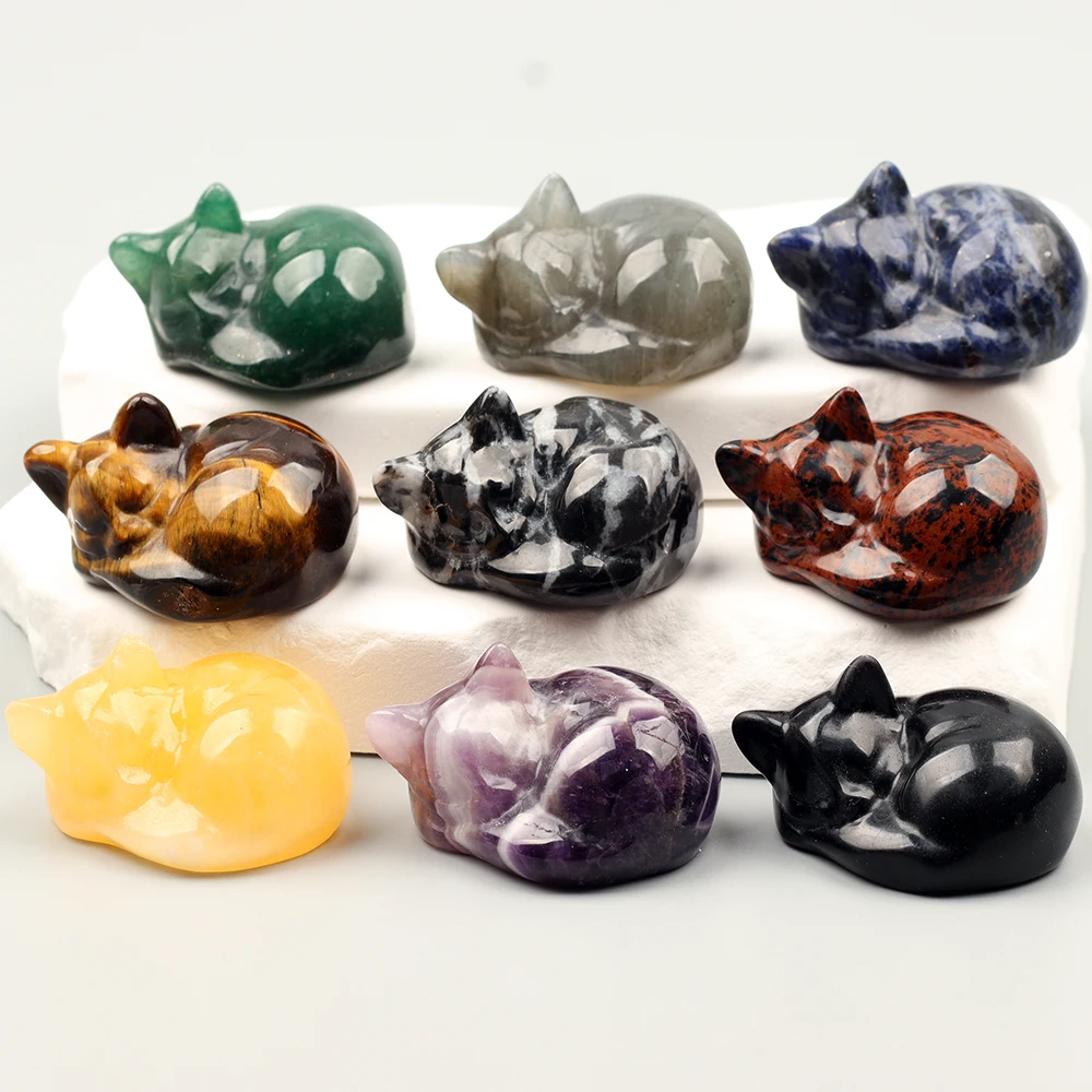 1.5 Inch Hand Carved Tiger Eye Sleeping Cat Figurine Jade Kitten Statue Crystal Collectible Home Decor Ideal Size