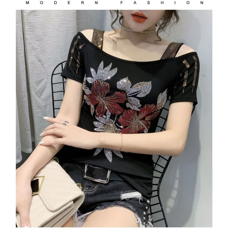 Primavera verão nova manga curta quente diamante camiseta fora do ombro sexy emagrecimento camisa de fundo topos para mulher