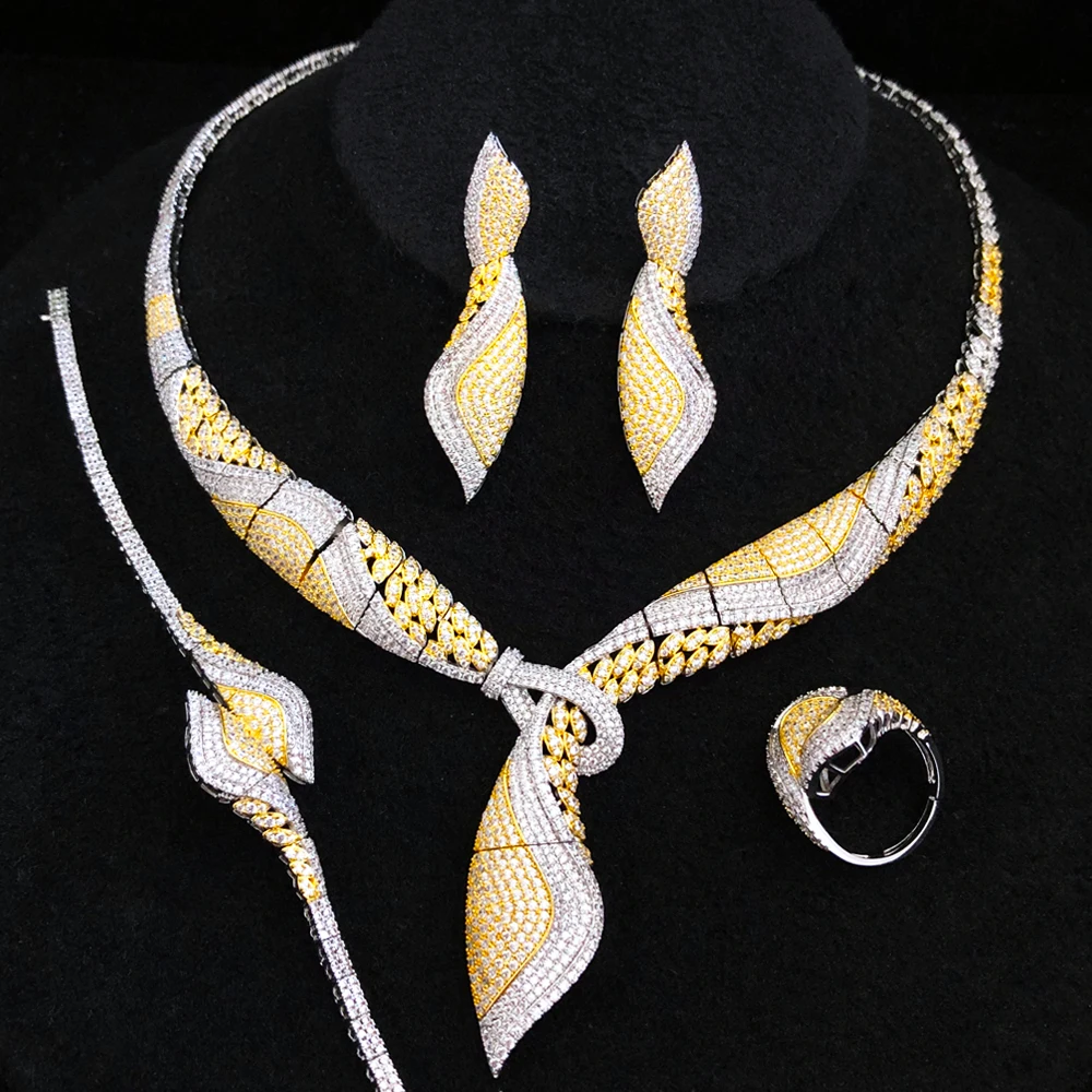 Luxury African Flowers Jewelry Sets For Women Wedding Cubic Zirconia Dubai Bridal Set Indian Nigerian Party Jewelry Set2020