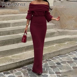 TWOTWINSTYLE Solid Slimming Dresses For Women Slash Neck Long Sleeve High Waist Minimalist Knitting Dress Female Fashion New