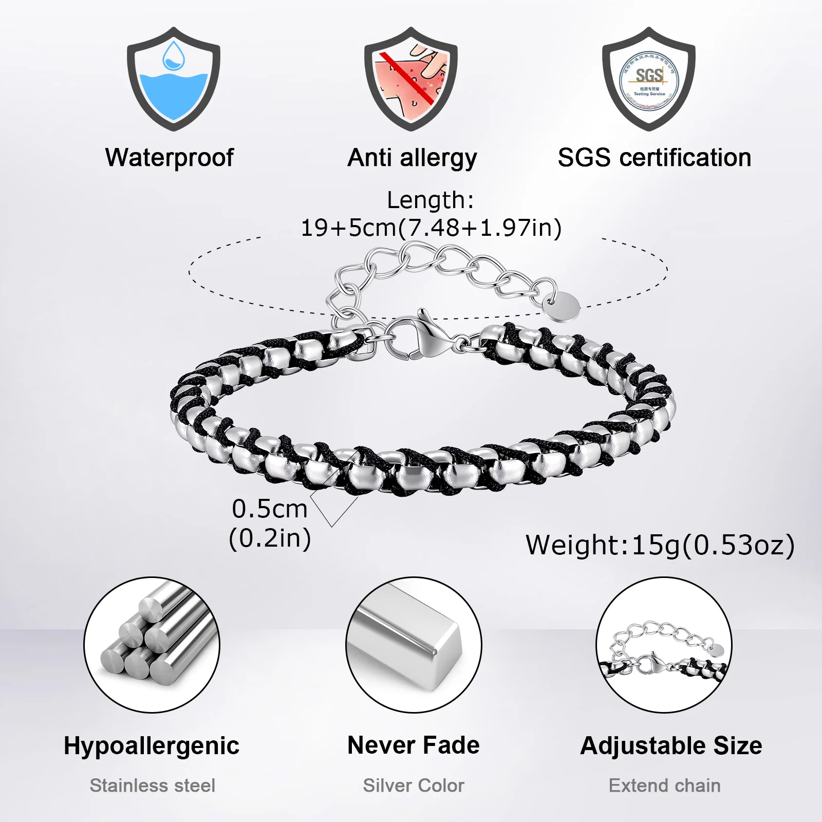Schwarz-Silberfarbene Edelstahl-Kastenkette Armbänder, Einfaches Punk-Stil Verstellbares Kettenarmband, Neuer Männerschmuck – Detail 1