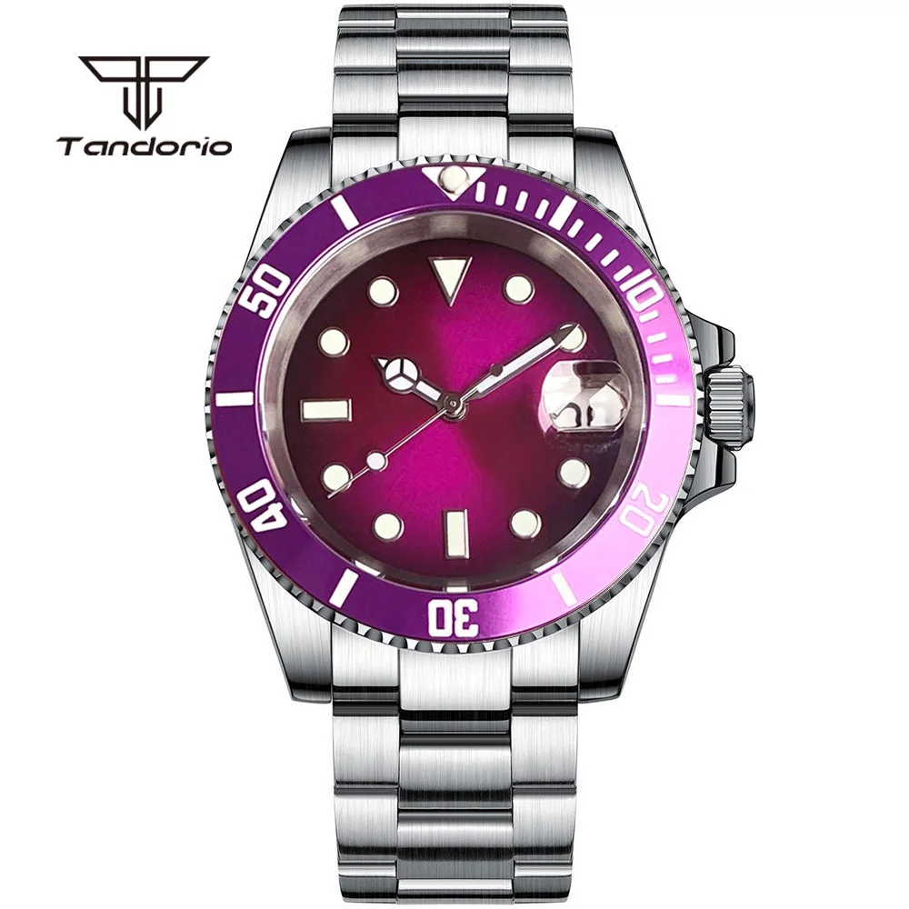 Tandorio NH35 Sapphire Gradient Purple Sunburst Stainless Steel Mechanical Automatic Watch Date Dive 40mm Men\'s Wristwatch 20BAR