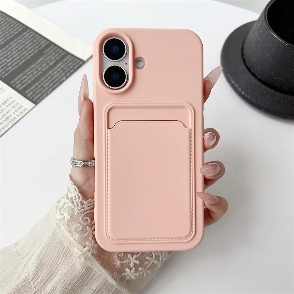 Push Card Bag Slot Holder Wallet Phone Case For iPhone 16 15 14 11 12 13 12 11 Pro Max Plus Shockproof Soft Silicone Back Cover