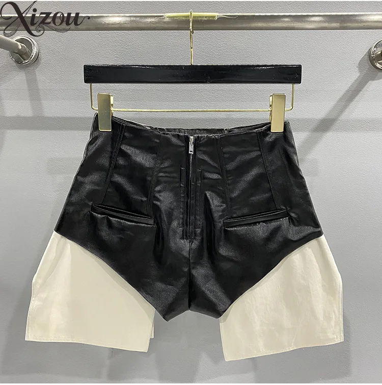 Women High Waist Zipper Shaping Shorts Color Block Slim Straight Leg Canvas Gothic High Street Leather Sexy PU Street Trendy