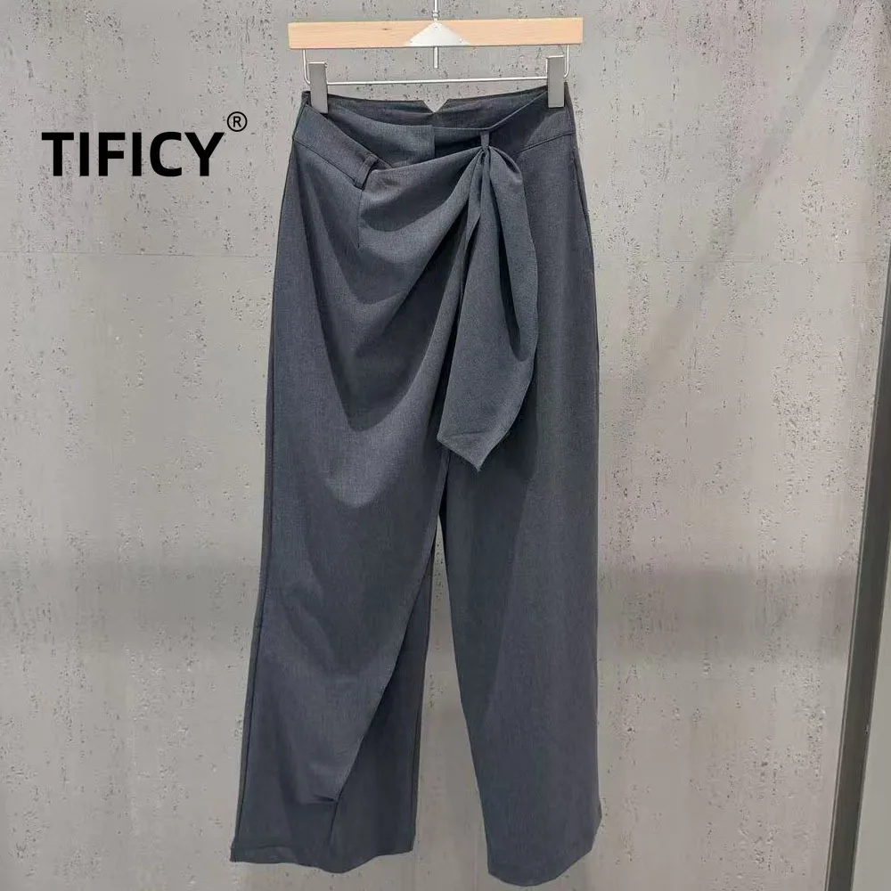 High Street Pants Women's Autumn Ins Style Lace Up Wide Leg Pants with Temperament Straight Leg Casual Pants
