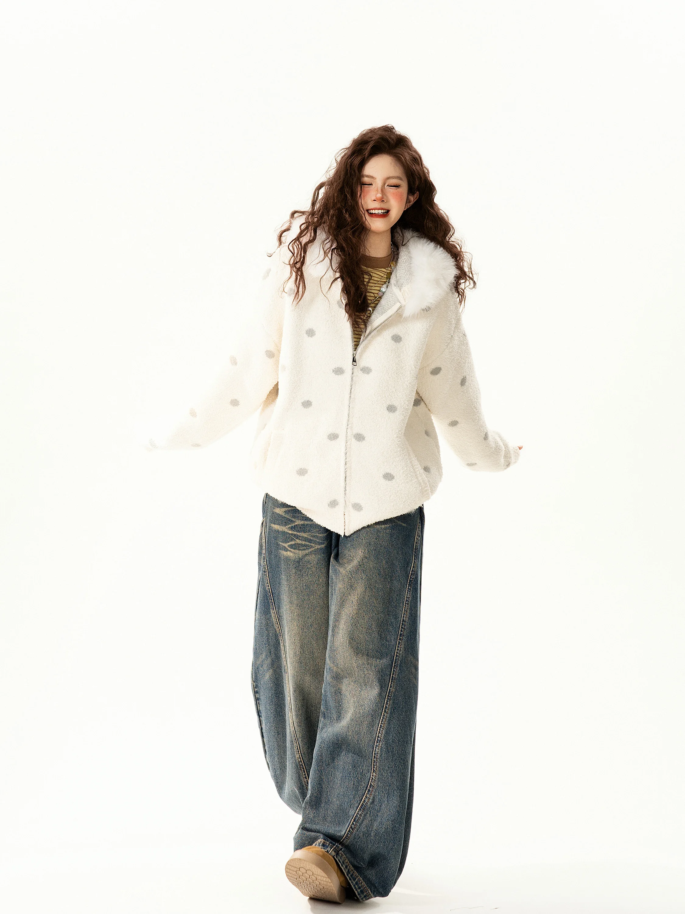 

Retro Polka Dot Knitted Hat Sweater Coat Loose Women's Autumn Winter Lazy Sle Long Sve Zipper Closure Casual Outerwear