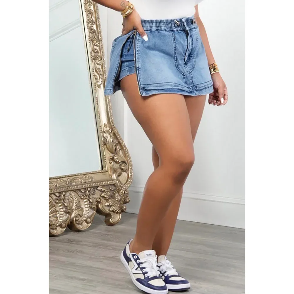 Plus Size Women's Fashion Blue Zipper Denim Culottes Summer Button Holiday Blue Short Culottes